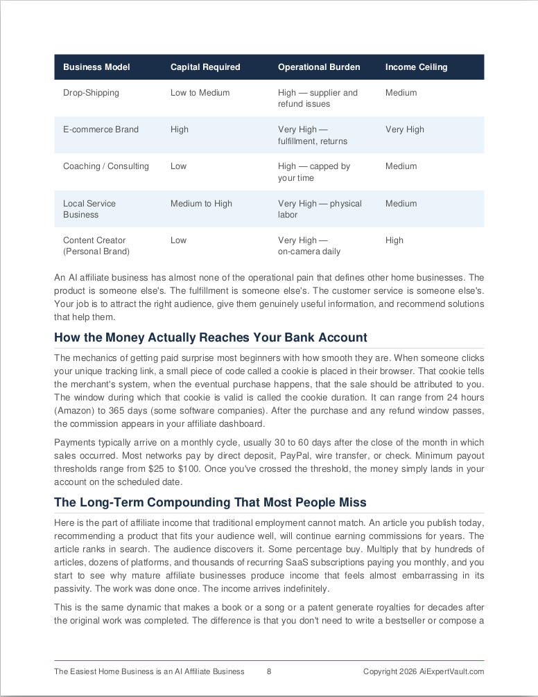 Sample page from The Easiest Home Business — business model comparison table